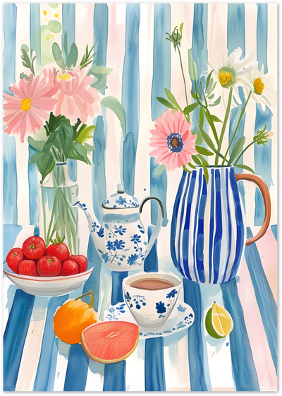 Watercolor still life poster with flowers in a striped pitcher, teapot, teacup and fruit on blue table