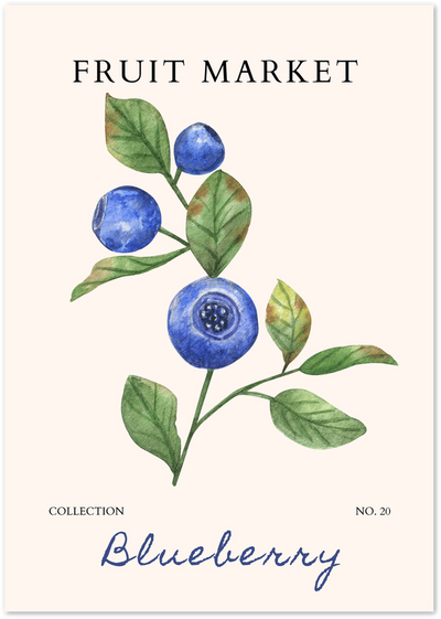 Watercolour blueberry branch illustration with Fruit Market title and Blueberry script text