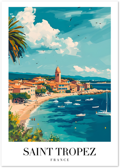 Illustrated poster of Saint Tropez harbor with terracotta rooftops, bell tower and sailboats on turquoise water
