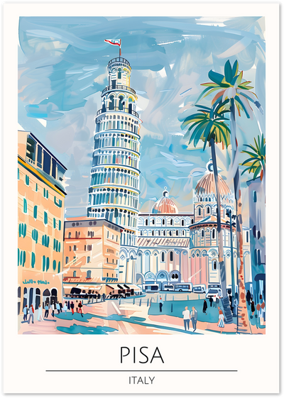 Painterly poster of the Leaning Tower of Pisa and cathedral square with palm trees in Italy