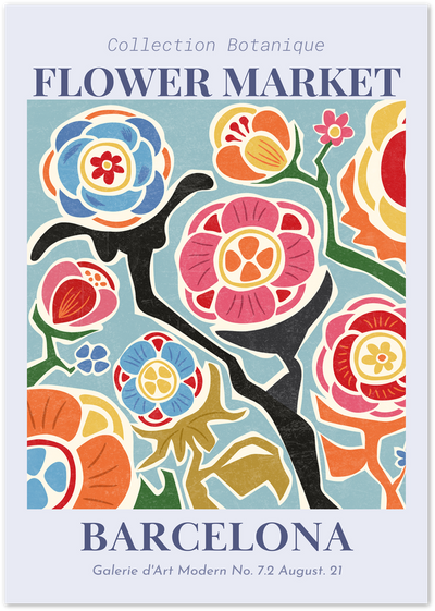 Flower Market Barcelona poster with colourful folk-art flowers on a teal background