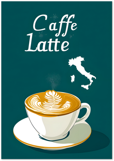 Caffe Latte poster with coffee cup, foam art, script text and Italy map silhouette on teal