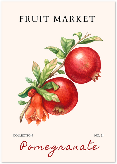 Botanical illustration of two red pomegranates, leaves and orange blossom with Fruit Market text