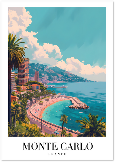 Illustrated poster of Monte Carlo coastline with palm trees, beach, sea and mountain skyline