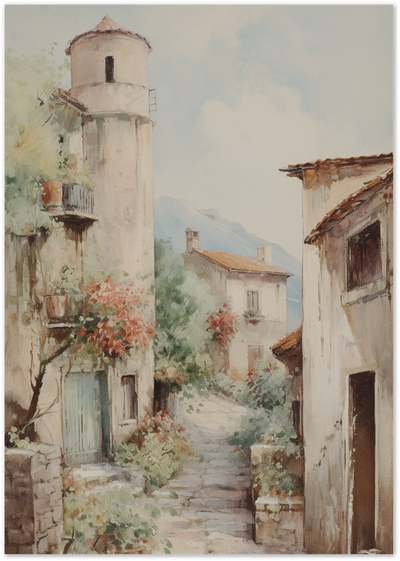 Watercolor painting of a stone alley between old Mediterranean houses with a tower and flowers