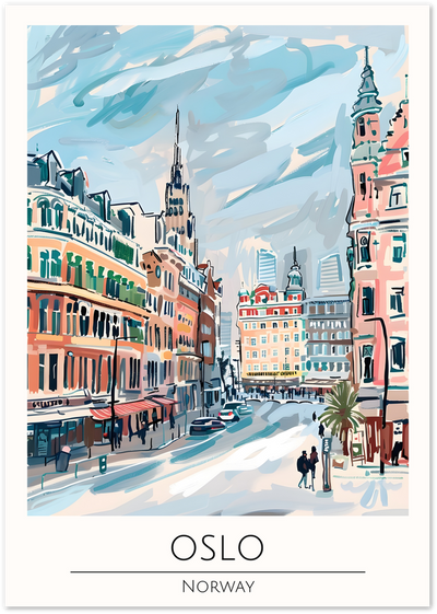 Illustrated poster of an Oslo street scene with colourful buildings and towers under a blue sky