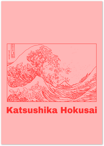 Red line art poster of Hokusai's Great Wave off Kanagawa on a pink background with his name below
