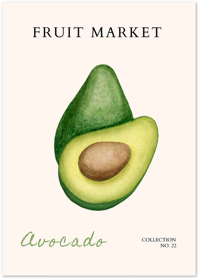 Illustration of a halved avocado with pit, titled Fruit Market, Avocado Collection No. 22