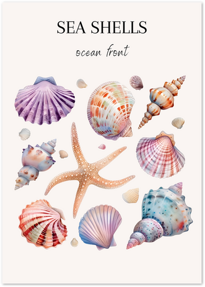 Watercolour poster of assorted seashells and a starfish with Sea Shells ocean front text