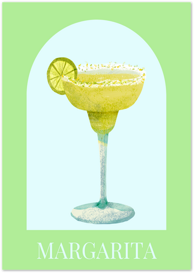 Illustrated margarita cocktail with salted rim and lime slice on a green and blue background