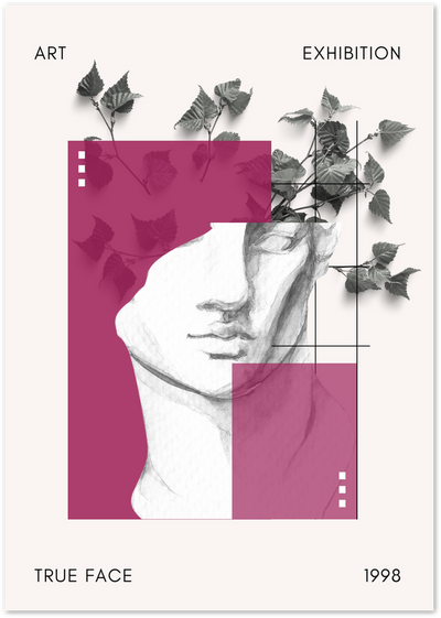 Pencil-drawn classical statue bust collaged with magenta blocks and botanical leaves