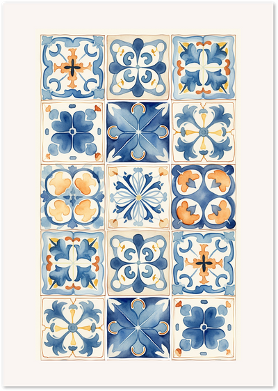 Grid of fifteen watercolour Mediterranean tile patterns in blue, orange and cream
