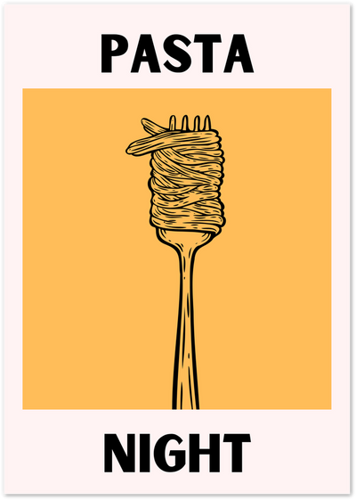 Illustration of a fork twirled with spaghetti on orange background with Pasta Night text