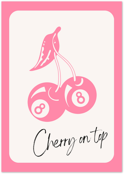 Pink illustration of cherries shaped like 8-balls with text Cherry on top