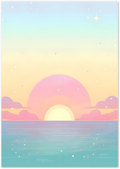 Pastel sunset over the ocean with stars, clouds and a glowing sun in soft gradient colors