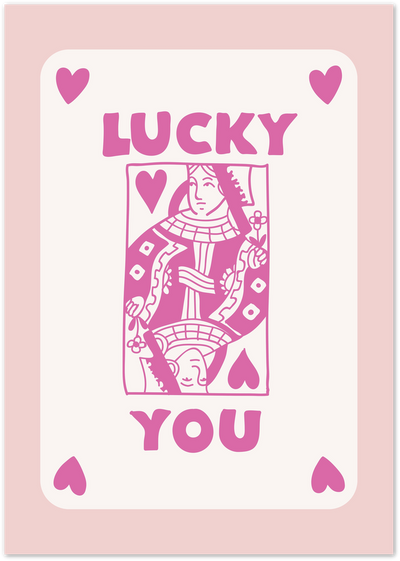 Pink Queen of Hearts playing card illustration with 'Lucky You' text and heart icons