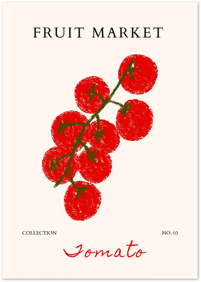 Illustration of a cherry tomato vine with the text Fruit Market and Tomato Collection No. 03