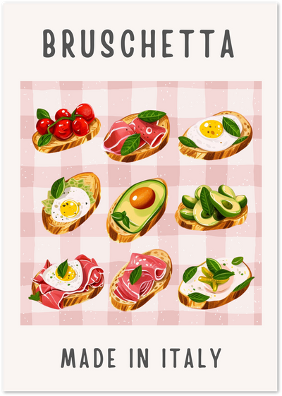 Illustrated poster of nine bruschetta variations on a pink checkered background, titled Made in Italy
