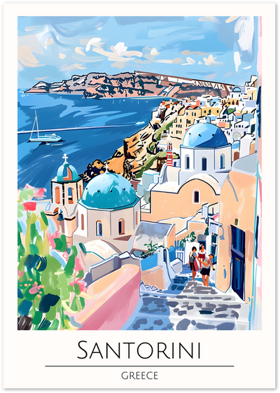 Illustrated poster of Santorini, Greece with blue-domed church, sea view and cobbled steps