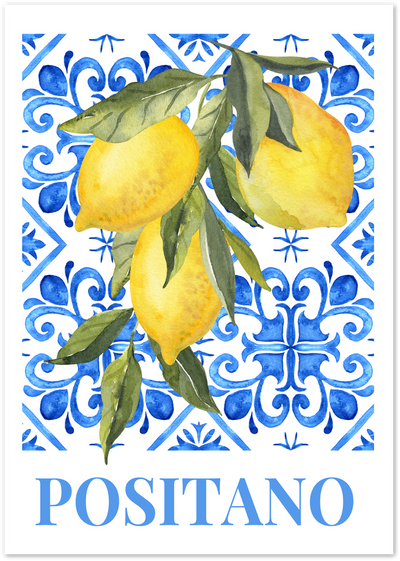 Watercolour lemon branch on blue and white Mediterranean tile pattern with Positano text