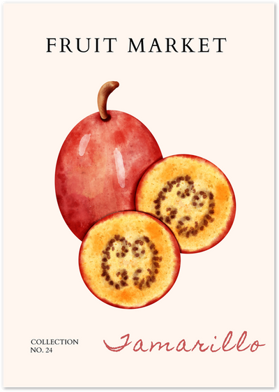 Fruit Market poster featuring a whole and sliced tamarillo fruit illustration on cream background
