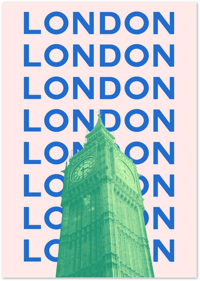 Poster with repeated blue London text and a green-toned photo of Big Ben on pink background