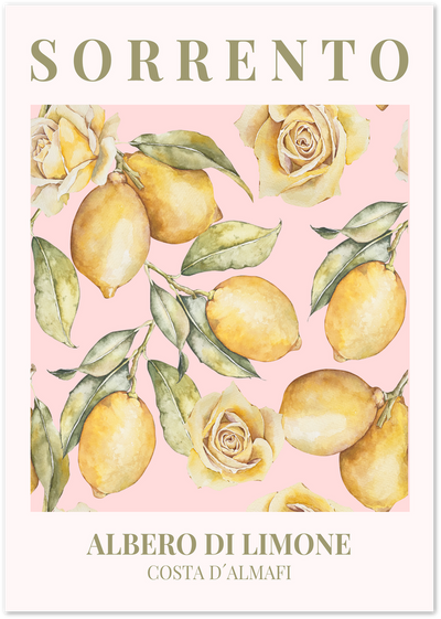 Sorrento poster with yellow lemons and roses on pink background, botanical illustration