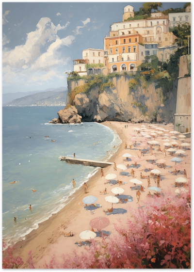 Painting of a cliffside Italian coastal town with beach umbrellas and pink flowers