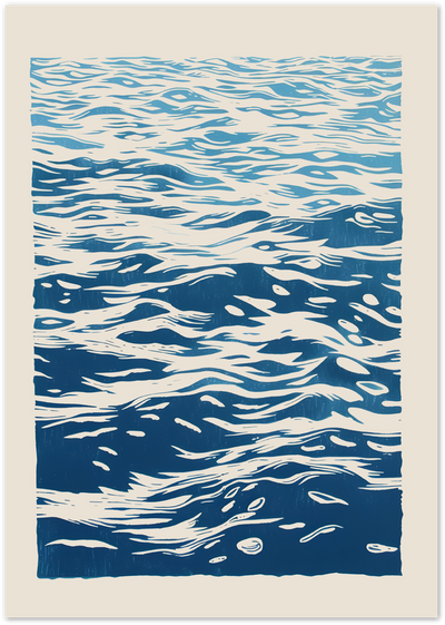 Linocut-style poster of rippling ocean waves in gradient blue tones on cream background