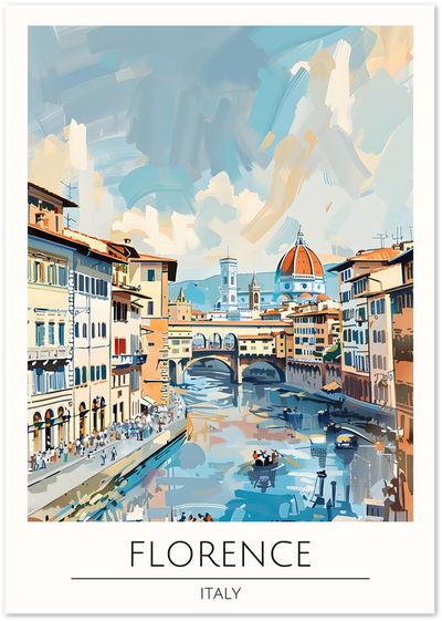 Illustrated Florence poster showing Ponte Vecchio bridge, Arno river and the Duomo dome