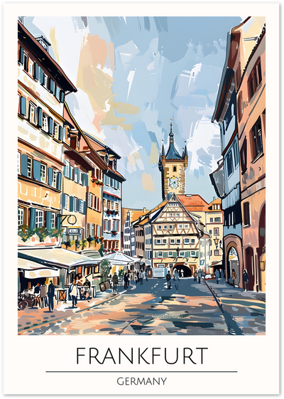 Illustrated poster of a Frankfurt old town street with half-timbered houses and a clock tower