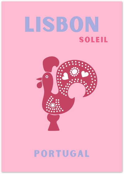 Pink Lisbon poster with a dotted Barcelos rooster illustration and Portugal typography
