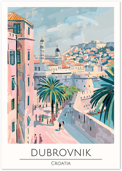 Illustrated poster of Dubrovnik Old Town with palm trees, terracotta roofs and harbour, Croatia