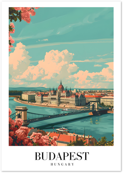 Budapest poster showing the Hungarian Parliament, Chain Bridge, Danube river and pink blossoms
