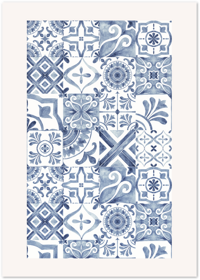 Grid of blue and white watercolor Portuguese-style azulejo tile patterns