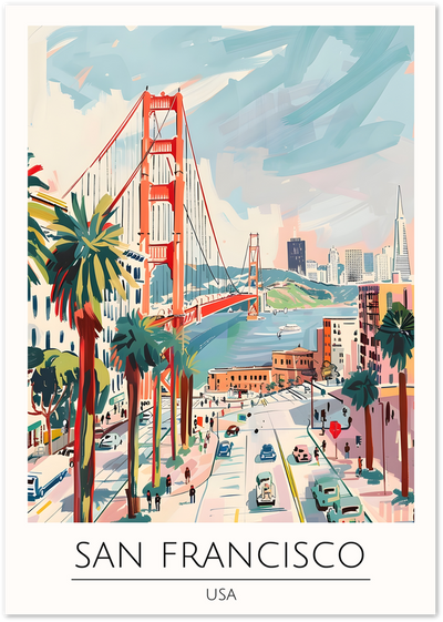 Illustrated San Francisco travel poster with Golden Gate Bridge, palm trees and city skyline