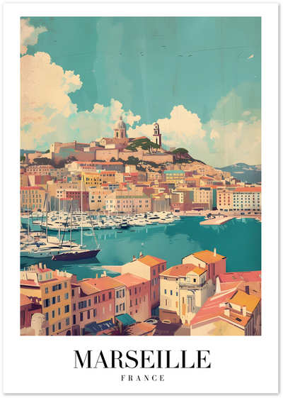 Vintage-style poster of Marseille harbour with boats, hillside basilica and terracotta rooftops