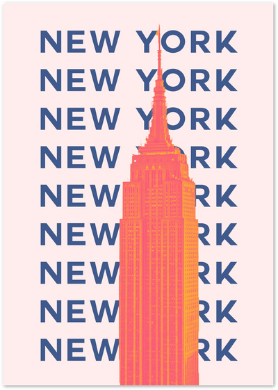 New York typography poster with orange-pink duotone Empire State Building on pink background