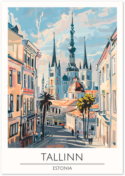 Illustrated poster of Tallinn Old Town street with church spires, Estonia