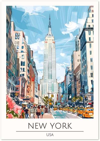 Illustrated poster of New York street with Empire State Building, taxis and pedestrians