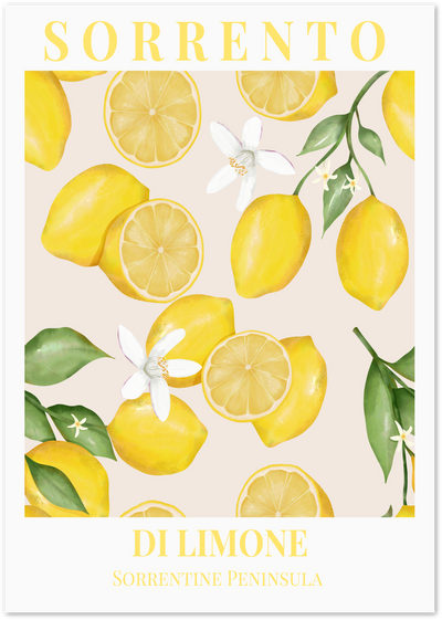 Sorrento poster with illustrated lemons, citrus blossoms and green leaves on a cream background