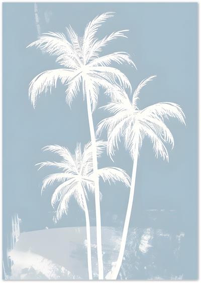 White silhouette of palm trees against a dusty blue background, botanical poster art