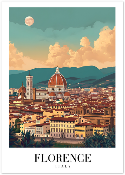 Illustrated poster of Florence skyline with Duomo cathedral, moon and sunset clouds over rooftops