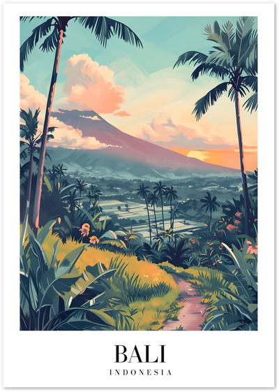 Illustrated poster of Bali Indonesia with volcano, palm trees and sunset over rice fields
