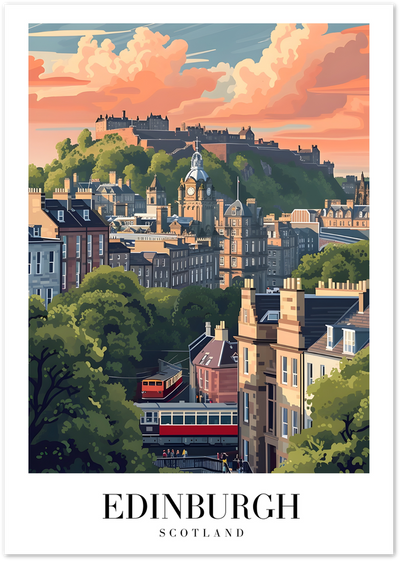 Illustrated poster of Edinburgh Castle and city skyline at sunset with tram and rooftops