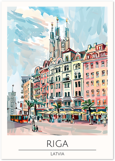 Illustrated poster of a colourful Riga street scene with Art Nouveau buildings and a cathedral spire