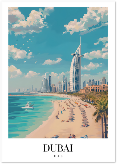 Illustrated Dubai skyline with Burj Al Arab, beach, palm trees and yacht under blue sky