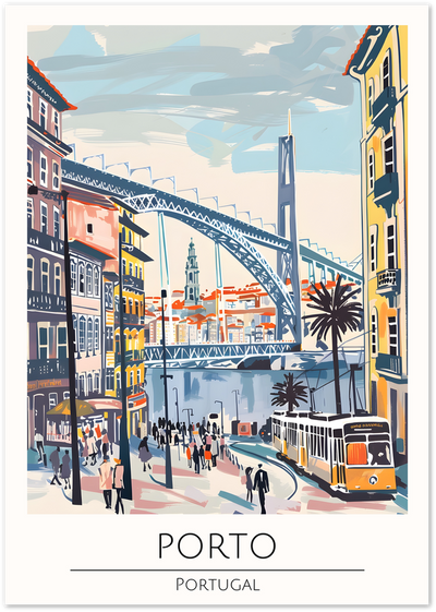 Illustrated poster of Porto, Portugal with tram, bridge and colourful street buildings
