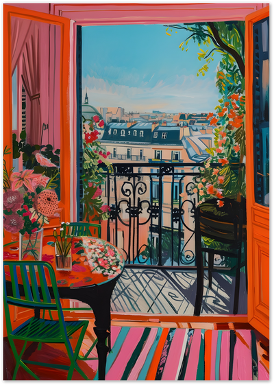Colourful painting of a Parisian balcony with flowers, table and chairs overlooking rooftops