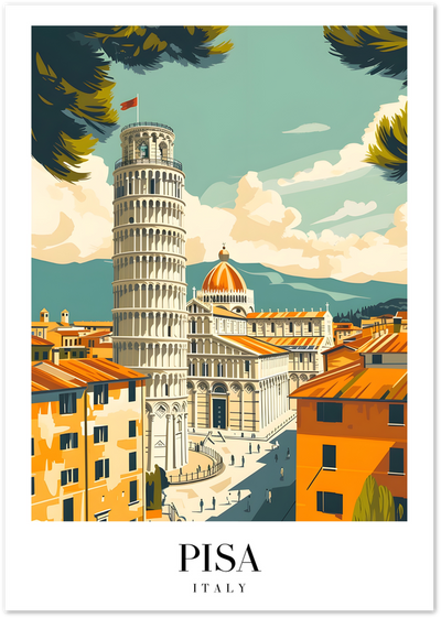 Illustrated poster of the Leaning Tower of Pisa and cathedral in Italy with orange rooftops